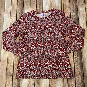 Talbots Christmas Red & White Mp Long Sleeve Crew Neck Cotton Blend Jersey Top